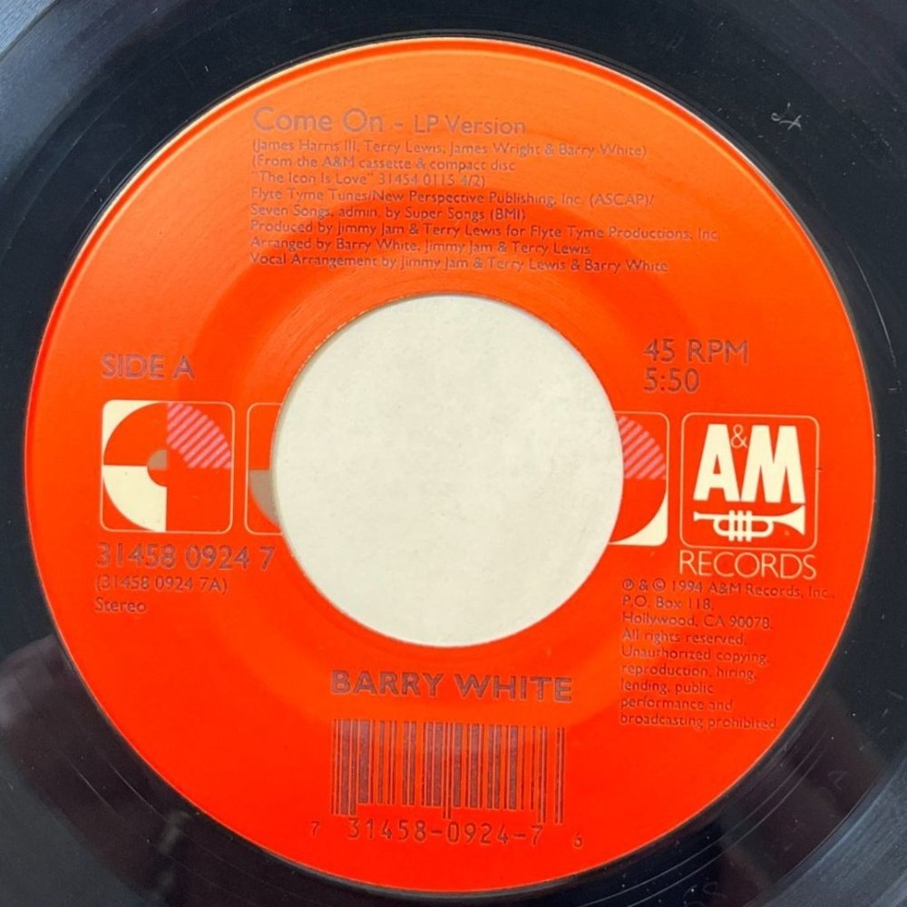 Barry White Come On / Practice What You Preach 45 RPM R&B Soul 1994 A&M